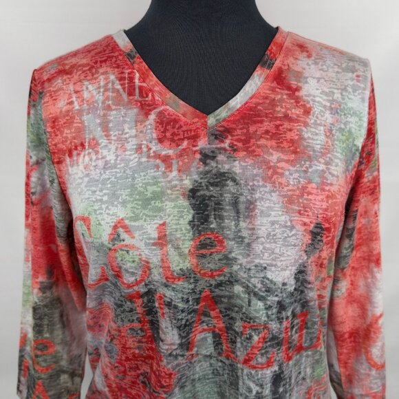 Laura Petites burnout graphic print long sleeve V-neck mesh top womens petite M - Picture 5 of 11